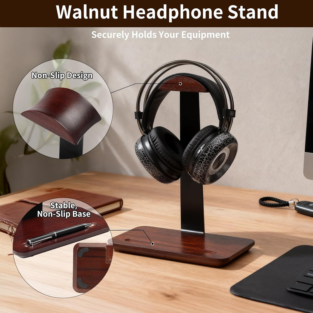 Vruelia Headset Walnut Wood Headphone Stand with Pen Holder - Desktop Wooden Headphone Stand, Solid Wood Holder