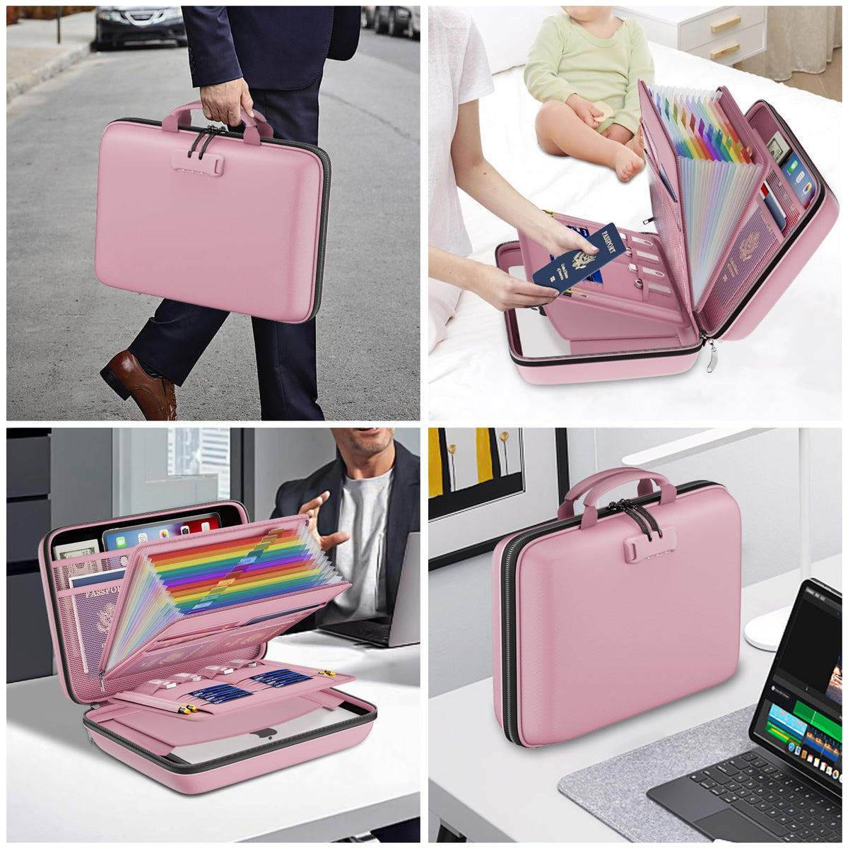 DocSafe Fireproof File Organizer with Lock, Hard-Shell Case Fireproof Document Box with 13 Pocket Accordion File Folder, Portable Home Office Travel Safe Storage for Important Documents Laptop Pink