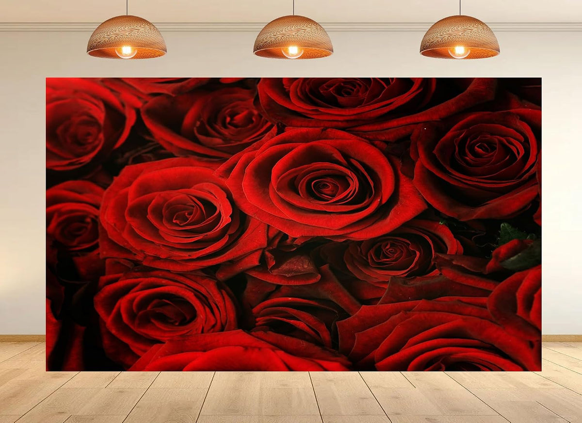 UPXIO 7x7ft Luxury Red Rose Bouquet Backdrop Dense Floral Blooms Photo Background Tapestry for Wedding Anniversary