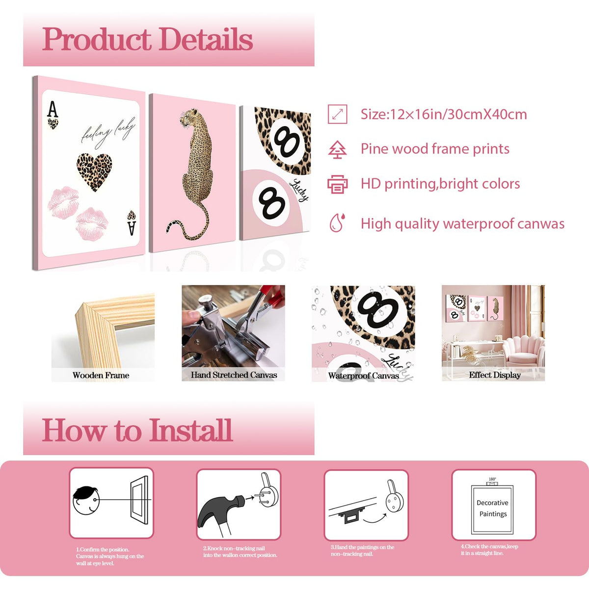 Trendy Leopard Canvas Wall Art Set of 3 - Pink Cheetah Prints Wall Decor Pictures, Funky Lucky You 8 Ball Poster Preppy Aesthetic Paintings, for Girls Bedroom Dorm Apartment 12x16 inch Framed