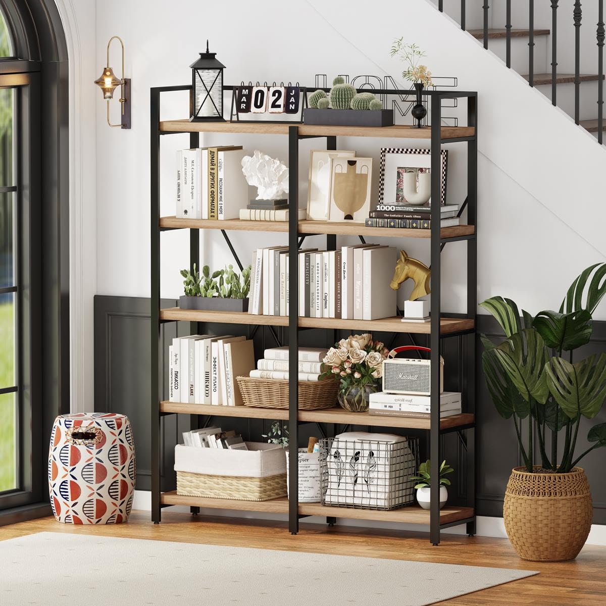 FATORRI Bookshelf, 5 Tier Industrial, Tall Etagere Bookcase, Rustic Wood and Metal Book Shelf with Large Open Shelving Unit for Home Office Living Room (Rustic Oak, 51 Inch Wide)
