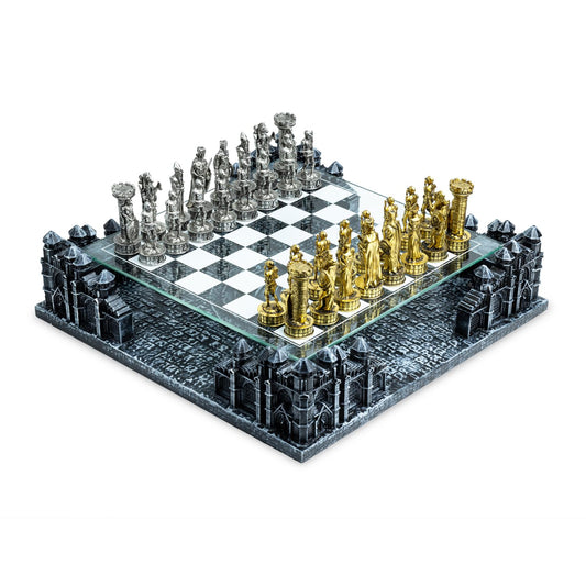 BB Chess Sets - Renaissance Knight 3D Chess Set – Unique Chess Board Set - Durable Gold and Silver Metal Pieces - Tempered Glass Board and Polyresin Base