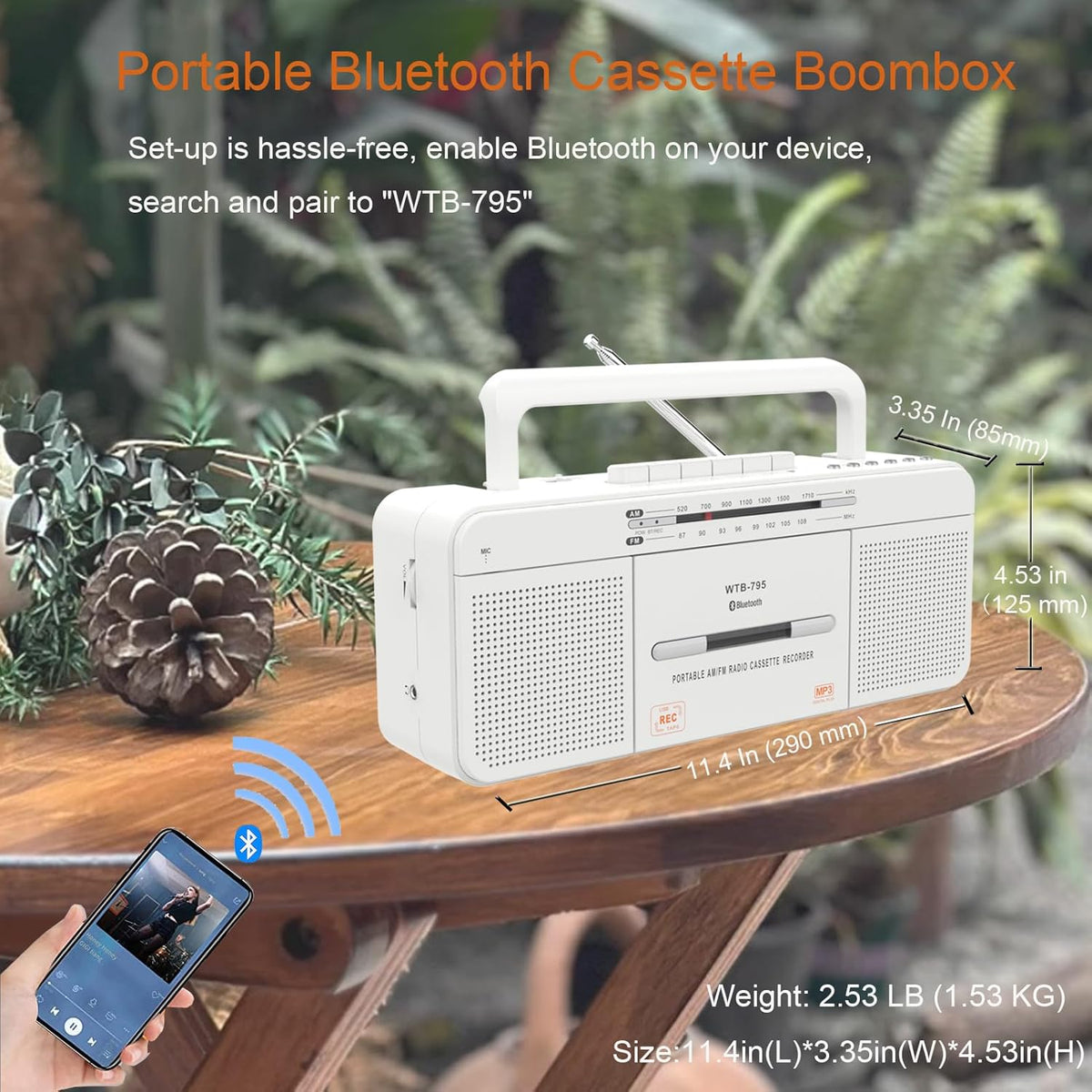 WISCENT Cassette Cassettes/USB Mic,Cassette MP3 Player Boombox, Portable AM/FM Radio Stereo with Bluetooth, USB, Dual