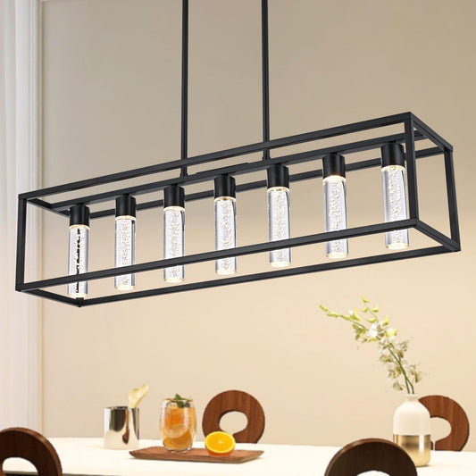 VINLUZ LED 7 Light Contemporary Dining Room Chandelier,Farmhouse Hanging Ceiling Kitchen Island Lighting in Matte Black Finish Rectangle Modern Pendant Light Adjustable Height