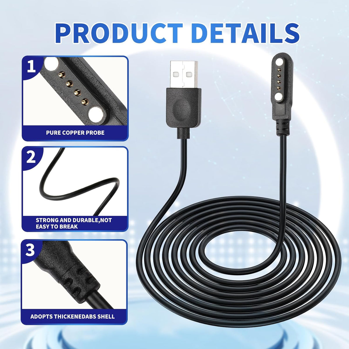 BaiWeiDun 4 7.62 mm Smart Watch Charger Cable, Universal Magnetic SmartWatch Accessories Charger Cable Pin Cord