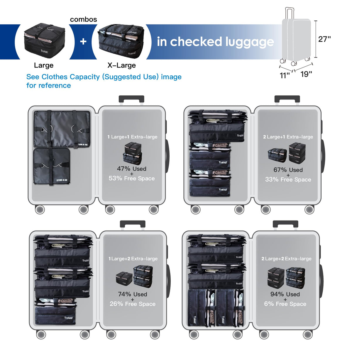 Grand Fusion Stow-N-Go Packing Organizer for Luggage, Portable Hanging Travel Shelves, Carry-On Closet, Hanging Packing Cubes, Collapsible Carry-On Organizer for Cruises & Hotels. Black - L
