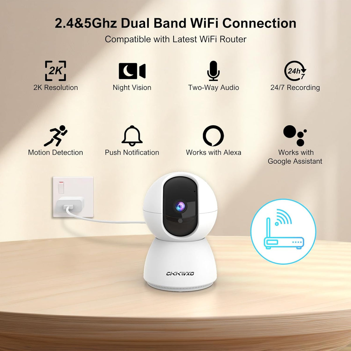 CiKiKWXO 2.4&5GHz Camera,2K/3MP 355 2-Way WiFi Indoor Security Camera for Home Security, Pan/Tilt Pet Cam, IR Night