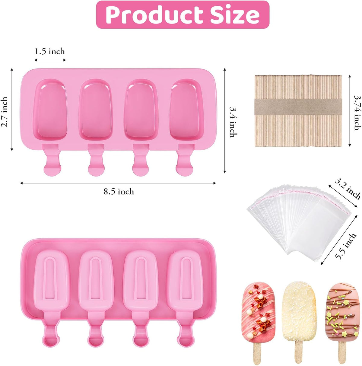 Ouddy Life Popsicle Molds - Set of 2 Silicone Ice Cream Molds with 50 Wooden Sticks | Pink