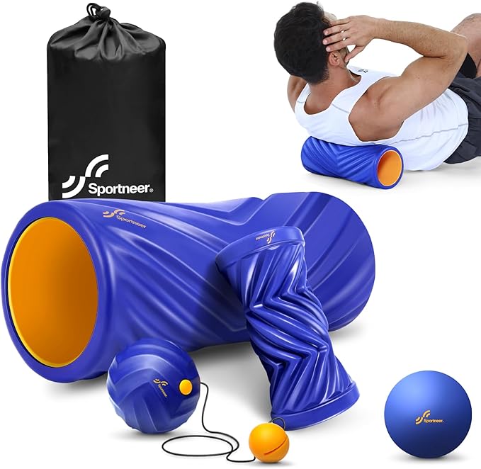 Sportneer 4 in 1 Foam Roller Set: Dual Textures Foam Roller, Foot Roller, Lacrosse Ball, Traction Massage Ball with String, Deep Massage Roller for Whole Body Release, Physical Therapy