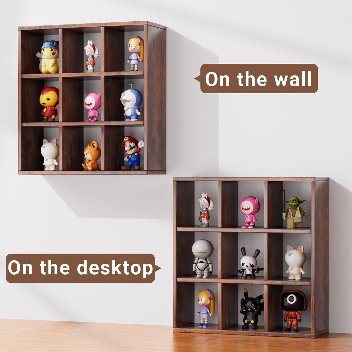 Helsin 9 Grid Vintage Coffee Mug Display Rack, 16inch Wall Mounted Wooden Curio Shadow Box Shelf, Cup Floating Shelves Display and Organizer (Bronze)