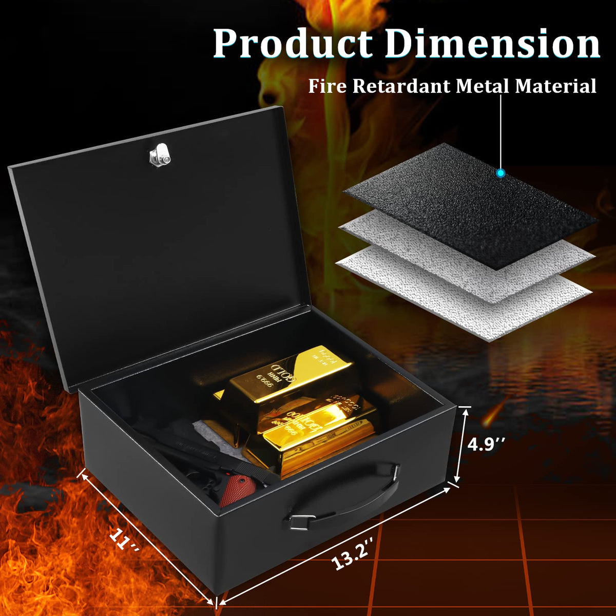 Dalmbox Portable Metal Safe Box with Key Lock - Fire Resistant Storage for Documents, Car, Home and Outside - X Large 13.2"x 11"x 5.1" Black Box