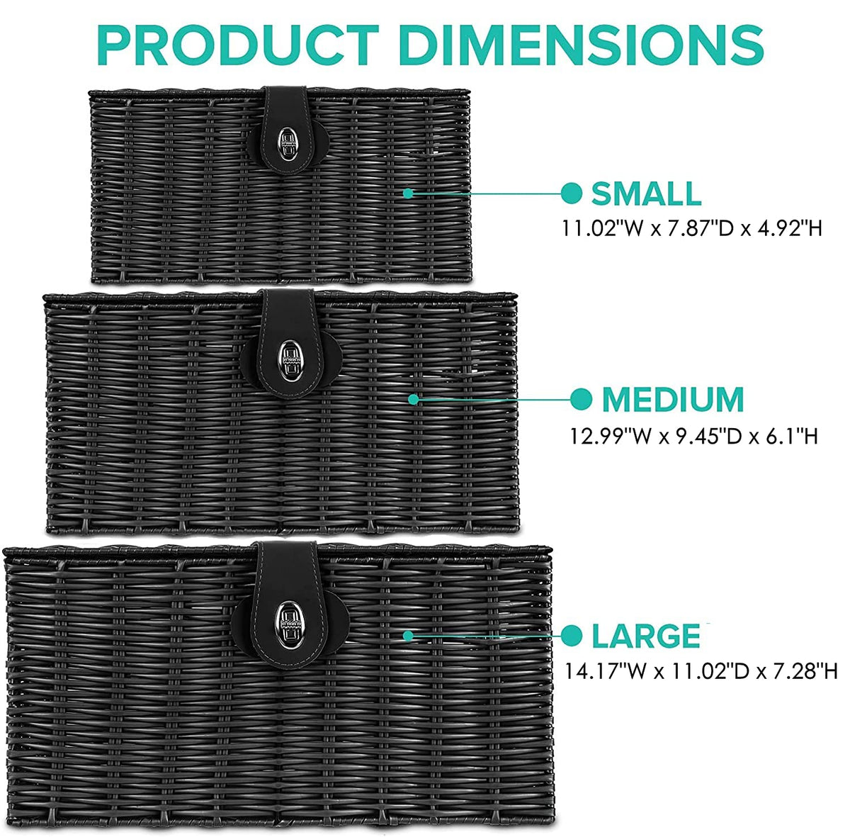 Homepeaz Set of 3 Woven Wicker Storage Basket Box with Lids & Lock, Built-in Carry Handles, Multifunctional Storage Organizer for Nursery, Baby, Clothes, Toys, Books, Large/Medium/Small Size (Black)