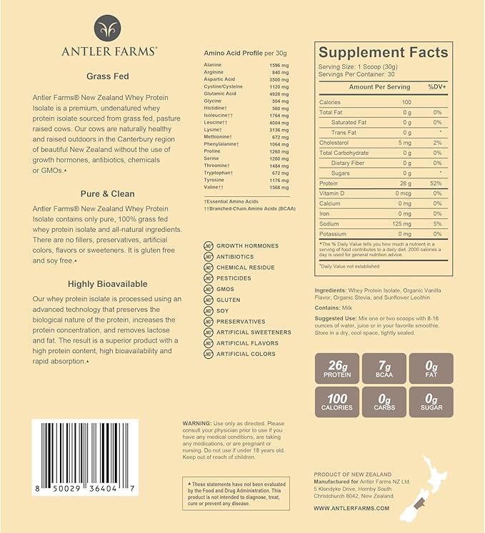 Antler Farms - 100% Grass Fed New Zealand Whey Protein Isolate, Vanilla Flavor, 2 lbs - Pure and Clean, 4 Ingredients, Delicious, Cold Processed