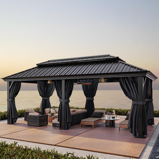 HOTEEL 12x20 Hardtop Gazebo on clearance with Metal Roof & Drainage System, Heavy Duty Galvanized Steel Gazebo with Aluminum Frame, Privacy Curtains and Netting, for All-Weather, Black (2026 Upgraded)