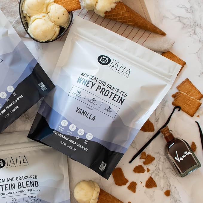 Taha Health & Nutrition Vanilla Flavored Whey Protein Concentrate Powder, 25g Protein, 140 Calories, 2g Sugar | New Zealand Grass-Fed, Free-Range Dairy | Gluten and Soy Free, Keto, Kosher | 2LB