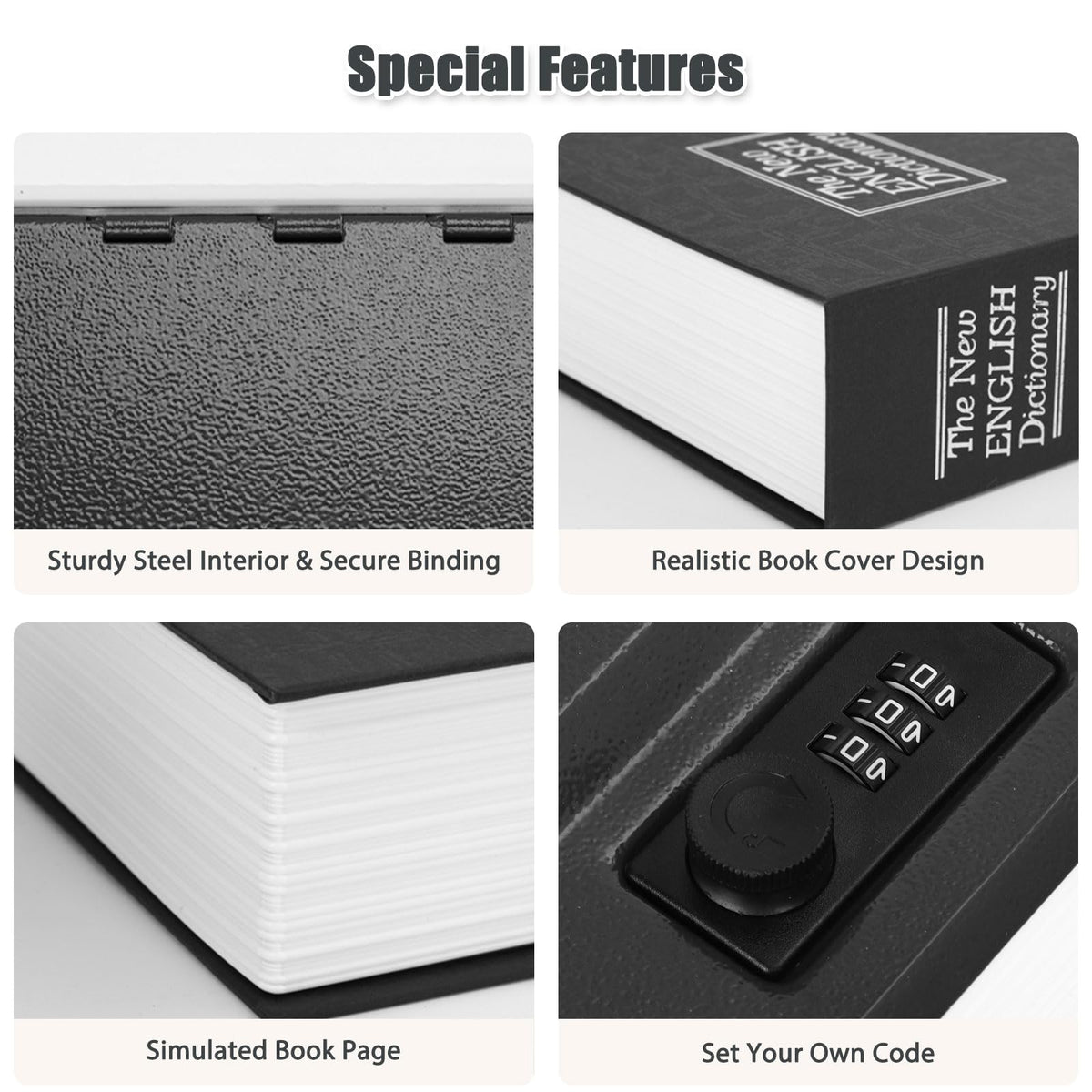 KYODOLED Diversion Book Safe with Combination Lock, Secret Safe Metal Lock Box, Money Storage Collection Box, 9.5" x 6.2" x 2.2" Black Large