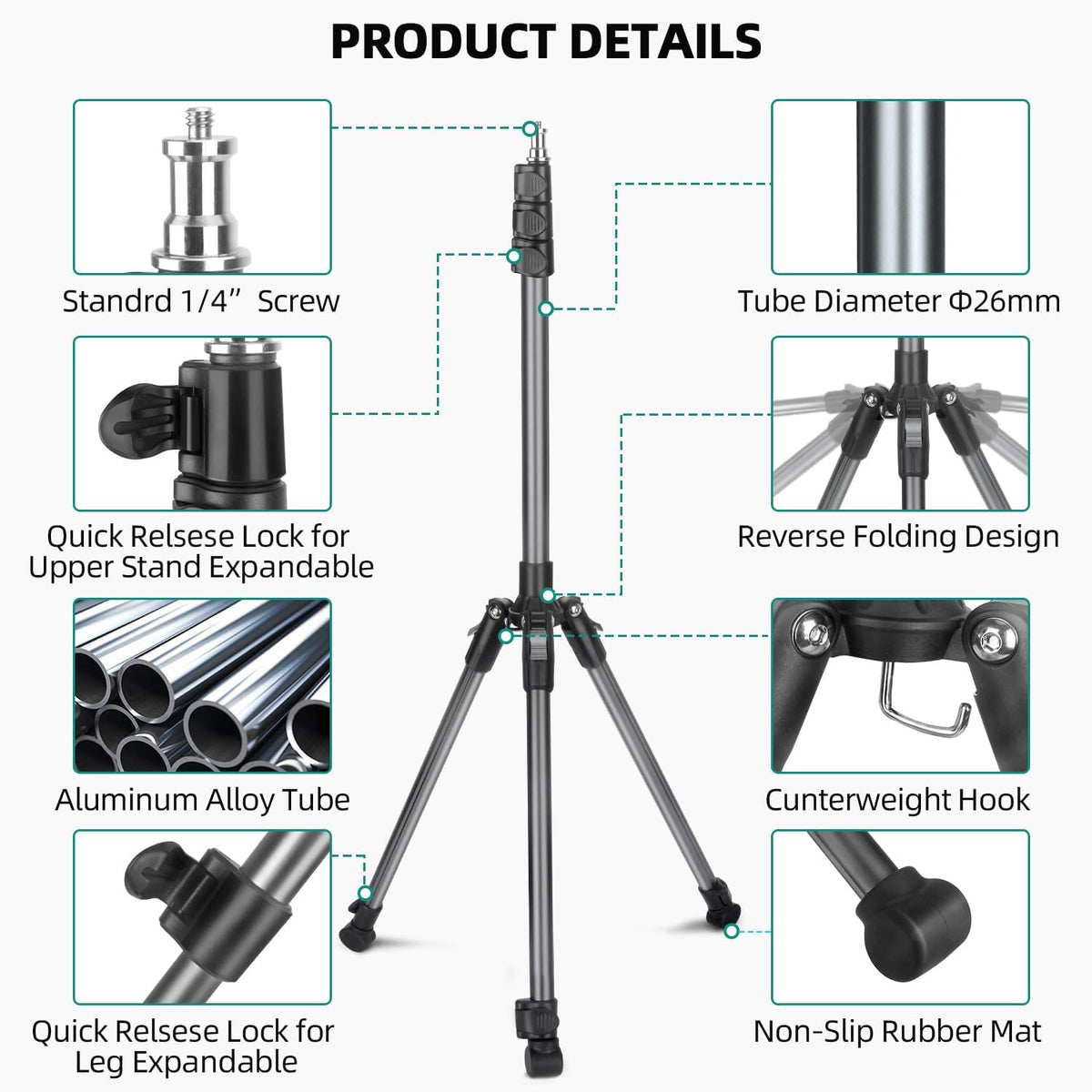 JEBUTU 6.6ft/2m Extendable Photography Light Stand, Adjustable Aluminum Light Tripod Stand for Travel, Reversible