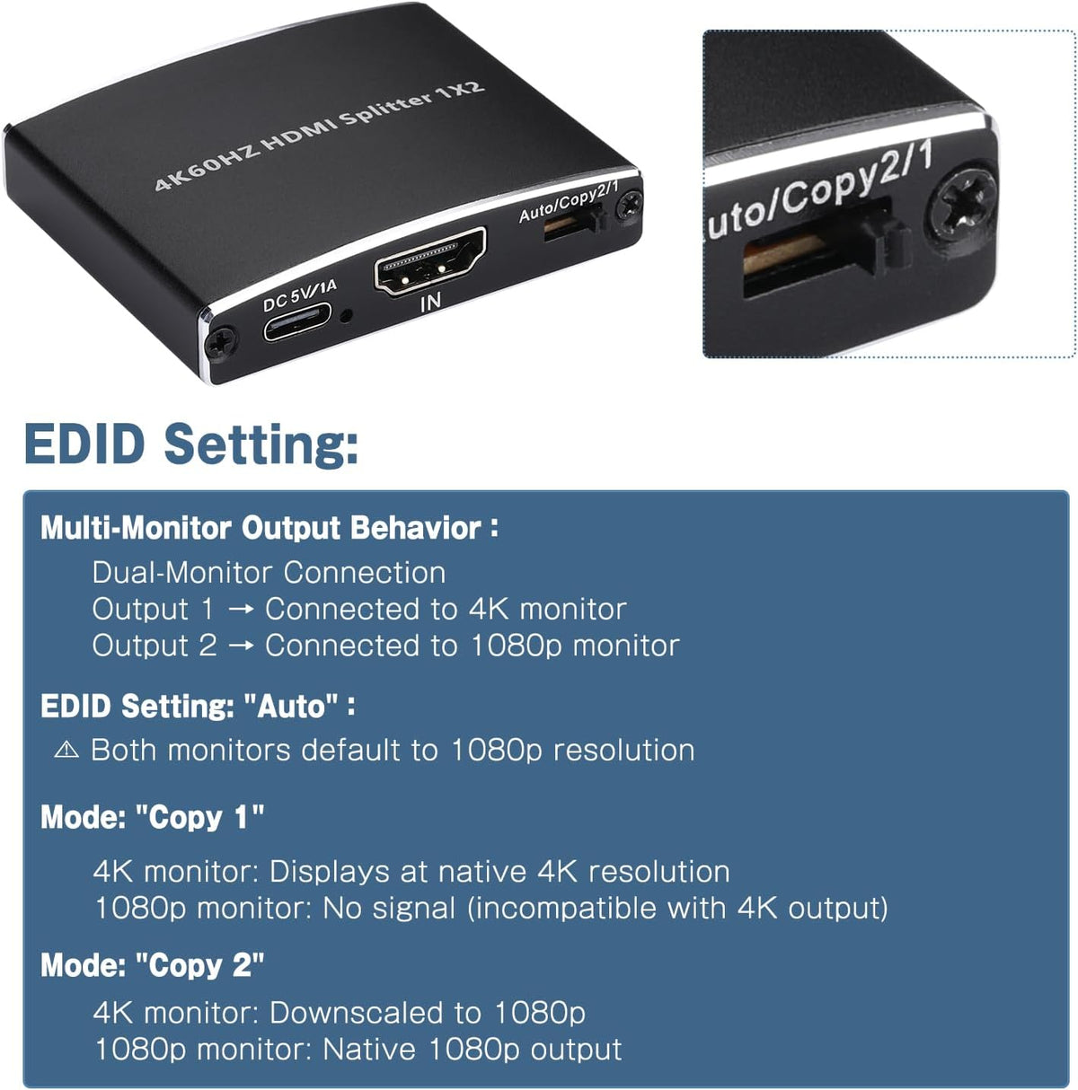 Wonlyus 2026 4K@60Hz 2.0b 1 2 4K 18Gbps HDCP2.2 3D Dolby PS5, Upgraded HDMI Splitter in Out, HDMI Splitter Duplicate