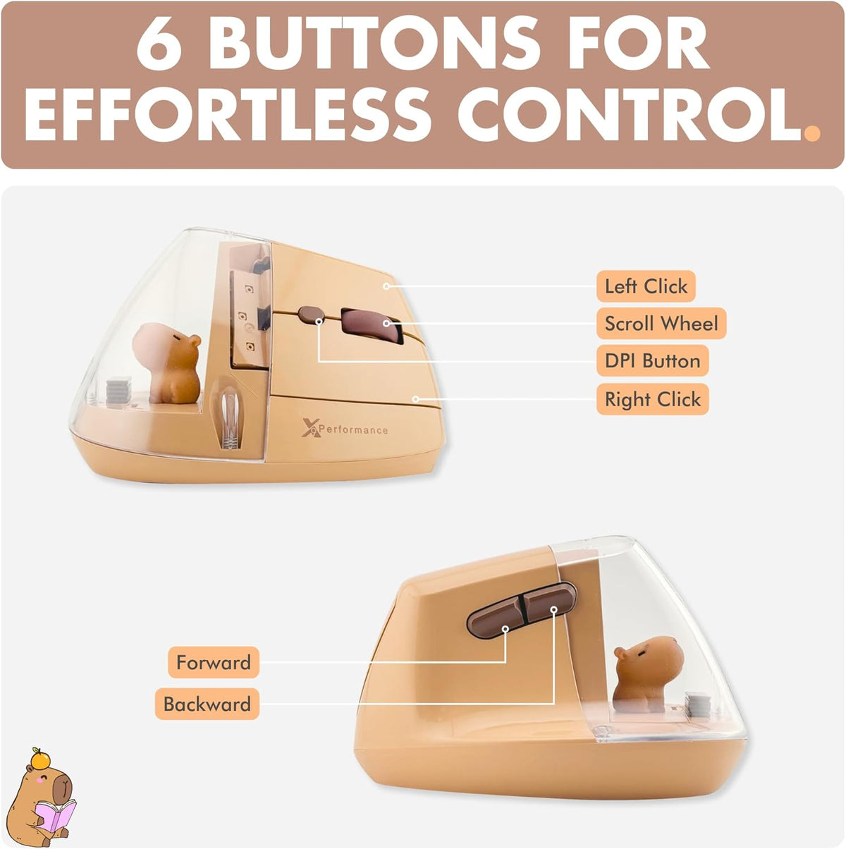 X9 Performance 2.4G) 4000 6 Wireless Vertical Ergonomic Mouse - Click with Capybara - (BT + Up to DPI, Button