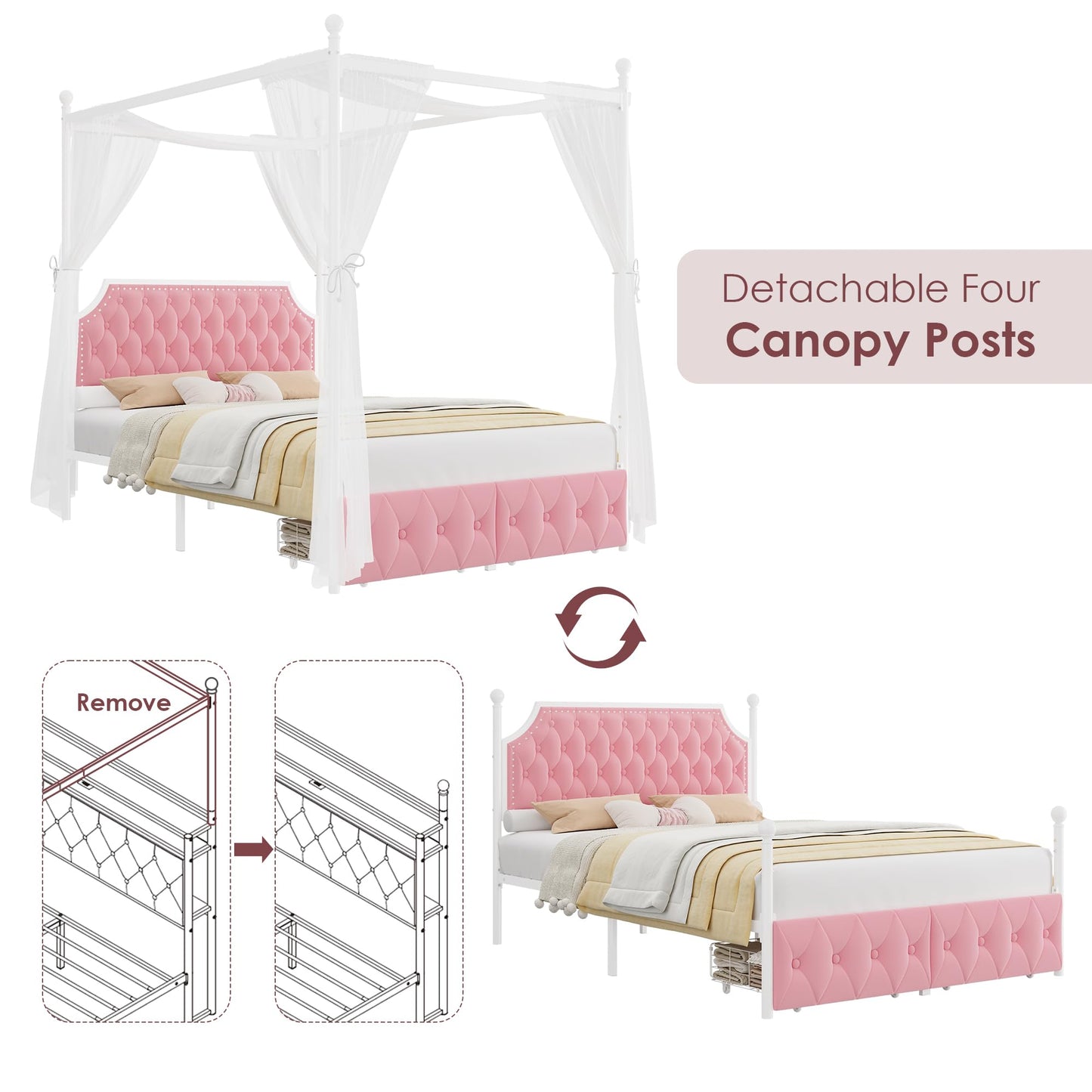 Keyluv Full Upholstered Canopy Bed Frame with 2 Storage Drawers & Button Tufted Headboard, Metal Platform Bed with 4 Removable Posts, Two-Purpose Velvet Bed, Pink/Curtain Not Included