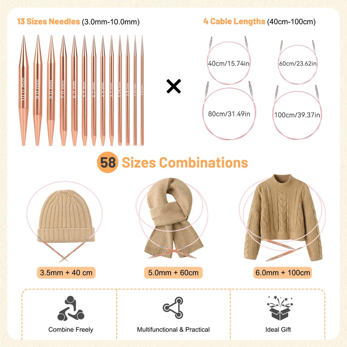 Aeelike Interchangeable Knitting Needles Set, Strictly Inspected 13 Pairs Aluminum Circular Knitting Needles (3.0-10.0mm) with 4 Flexible Cords for Blankets and Small Projects, Ideal Kninting Gift