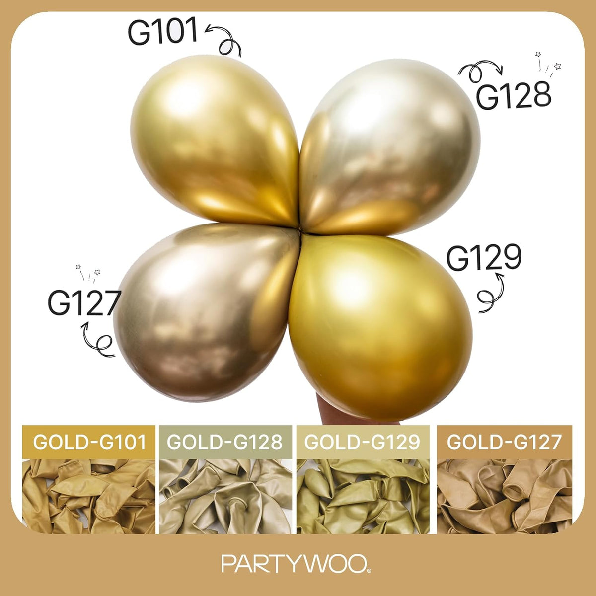 PartyWoo Metallic Gold Balloon Arch Kit - 145pcs in 5-18 Inch Sizes for Birthday, Graduation & Wedding Decor