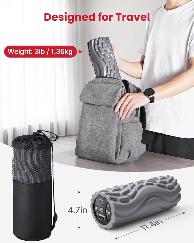 FITINDEX Vibrating Foam Roller for Back Pain, 5-Speed Muscle Massage, FSA HSA Eligible, Exercise, Muscles Deep Tissue, Physical Therapy, Pilates, Yoga, Neck, Leg, Rechargeable, Travel Portable Gray