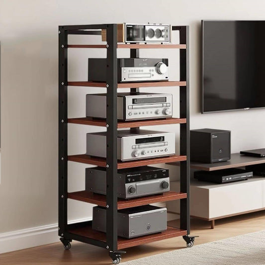 Dernoing 6 Tier Audio Rack Tower, CD Record Player Stereo Receiver AV Equipment Cabinet Display Rack, Weight Capacity 661 lbs, with Adjustable Wooden Shelves for Home (6 Tier Teakwood)