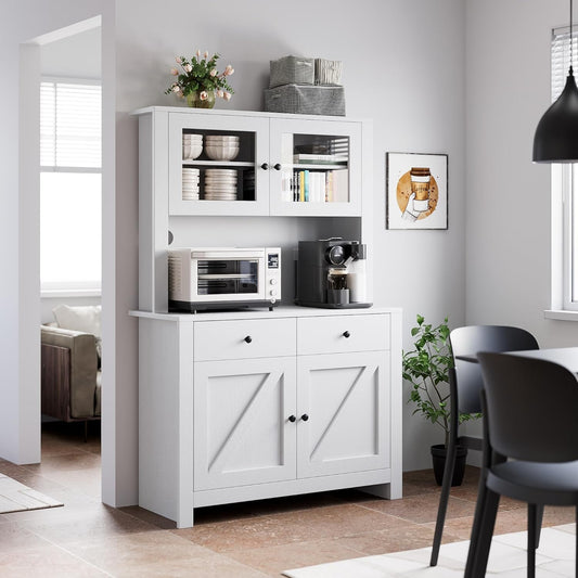 GarveeHome Kitchen Pantry Cabinet with Microwave Stand, Freestanding Hutch Cabinet with Buffet Cupboard, Tall Kitchen Cabinets with Adjustable Shelves for Dining Room, White