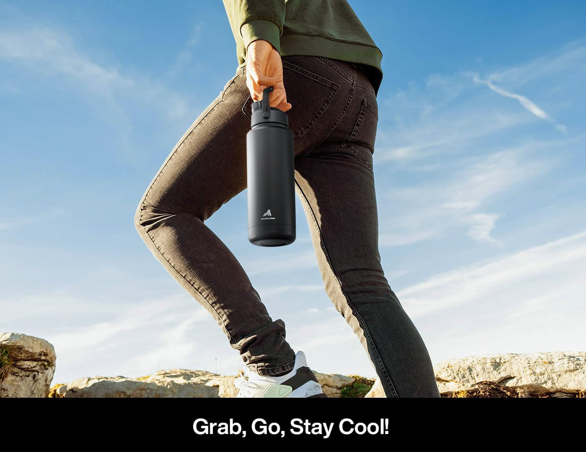 POWCAN 40 Oz Insulated Water Bottle - 2-in-1 Straw & Spout Lid | Keeps Drinks Cold 24H, Leak-Proof, BPA-Free (Dark Knight)