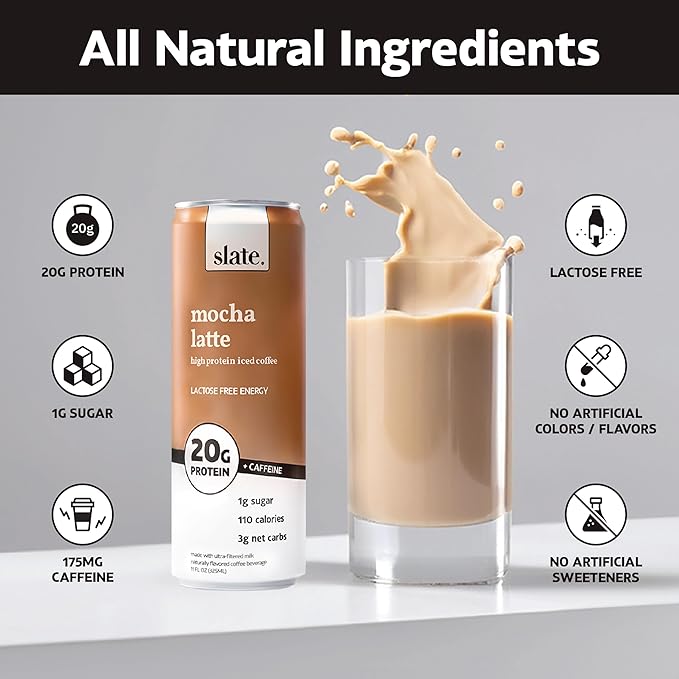 Slate Milk - High Protein Iced Coffee - Energy Variety Pack - Caramel Latte, Mocha Latte, Vanilla Latte - 175mg Caffeine, Lactose Free - 20g Protein, 1g Sugar - Protein Coffee - 11 fl oz, 12 Cans