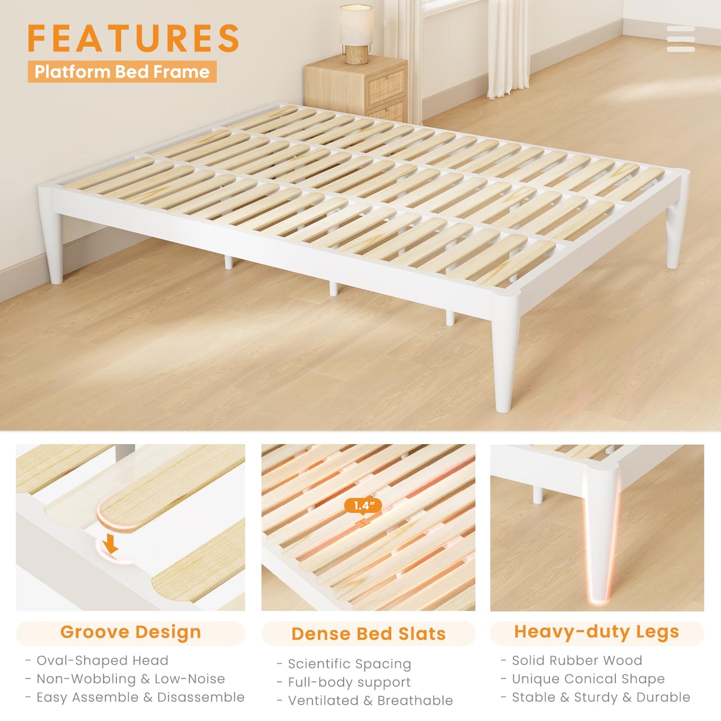IOTXY Twin-XL Platform Bed Frame - Solid Wood 16-Inch Height Mattress Foundation Base with Densely Slats and Heavy-Duty Support Legs, No Box Spring Needed, White