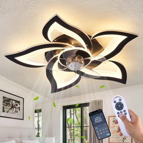 HuixuTe 24" Geometric Ceiling Fan with Lights Remote Control, 6 Speeds 3 Colors Black Low Profile Ceiling Fan with Light for Kitchen Bedroom Living Room