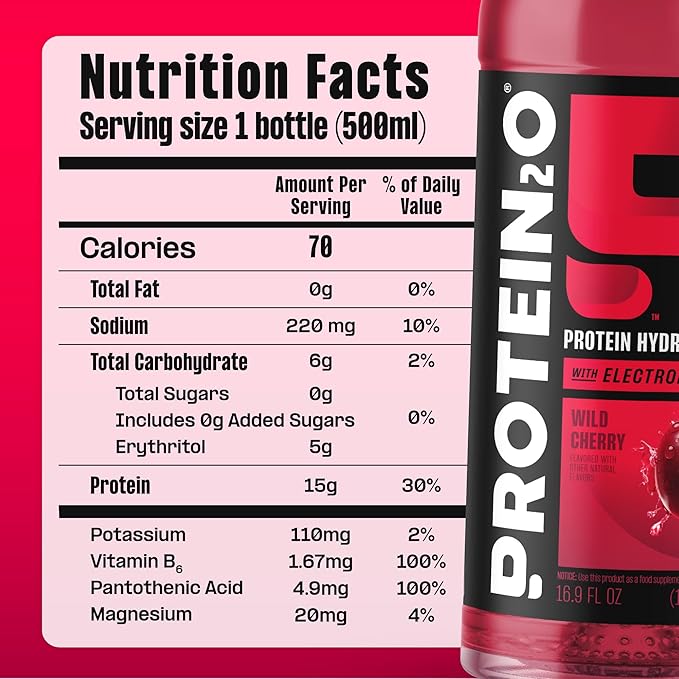 Protein2o Hydration Drink - 2-in-1 Liquid Clear Whey Protein Isolate and Electrolyte Drink - 15g Protein, Vitamins B5, B6 - Post-Workout Recovery - 16.9 Fl Oz - 12 Count Wild Cherry