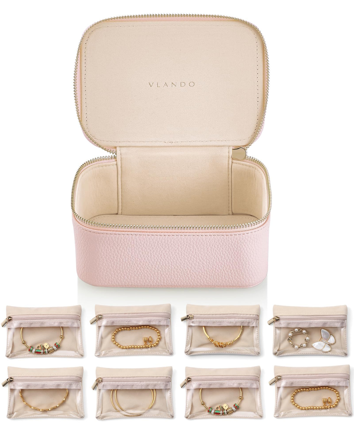 VLANDO Jewelry Travel Case,Gifts for Women,Travel Jewelry Organizer with Clear Velvet Jewelry Bags 8Pcs Zipper Pouch for Women Girl Gift-Pink