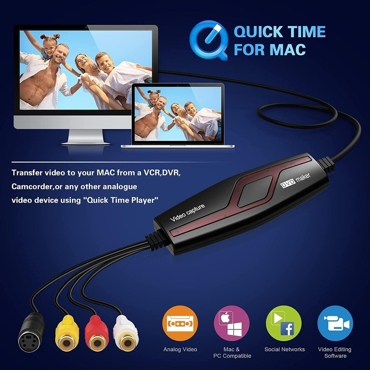 VIXLW Hi8 VHS to Digital Converter,Video Capture Card Device,VHS VCR Mini DV to Mac Digital Converter,RCA to USB Video
