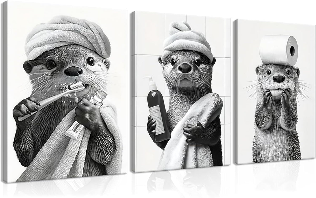 Otter Canvas Wall Art Set by Cute Bathroom | Funny Black and White Decor for Restroom | Ready to Hang 12x16 Inch