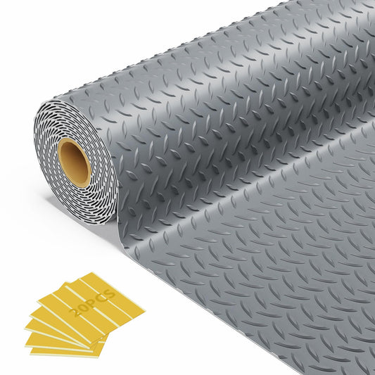 FomanXtre 10x20 FT Gray Garage Floor Mat, 2.8mm Thickened Flooring Roll for Under Car Diamond Plate PVC Rubber Mat with 20 Pcs Tapes, Non-Slip Floor Mat for Garage, Warehouse, Gyms, Trailer