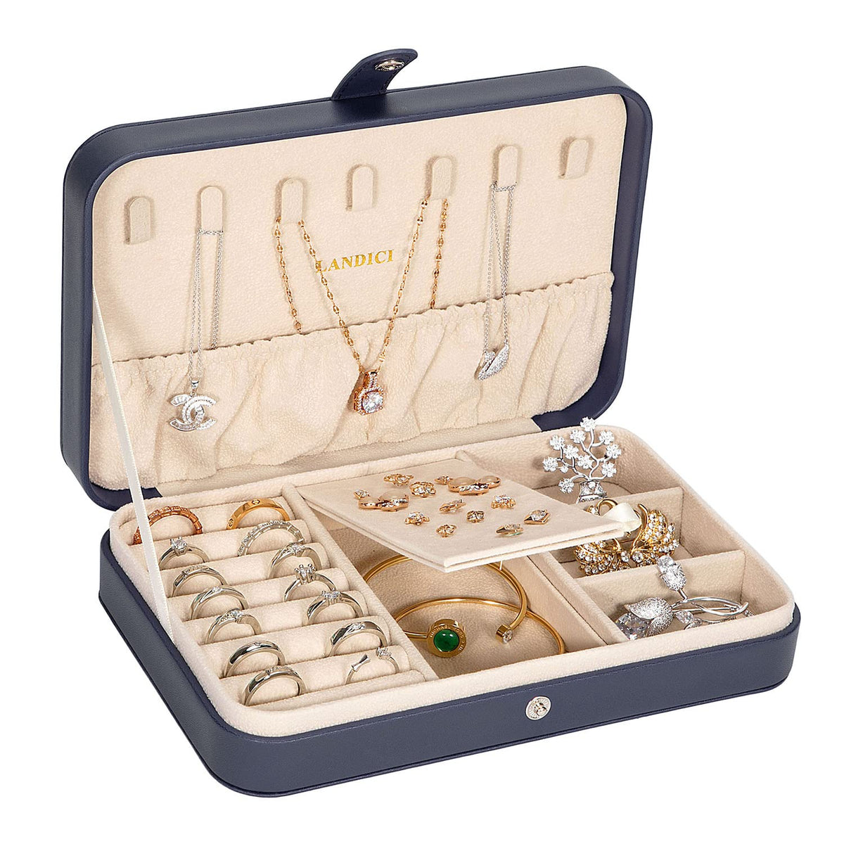 LANDICI Small Jewelry Box for Women Girls, PU Leather Travel Jewelry Case, Portable Jewelry Organizer Storage Holder Display for Ring Earrings Necklace Brooch Men Kids Gift, Dark Blue