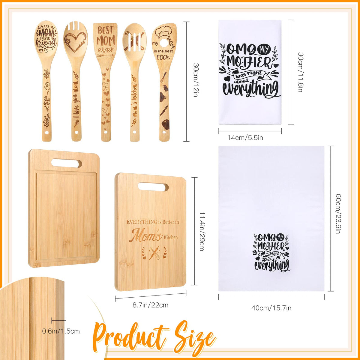 Gerrii 8 Pcs Mom Gifts Kitchen Set Mother's Day Cutting Board Spoons Towels Dish Towels for Kitchen Cooking Gift Utensils Housewarming Decoration from Grandson Granddaughter Son Daughter