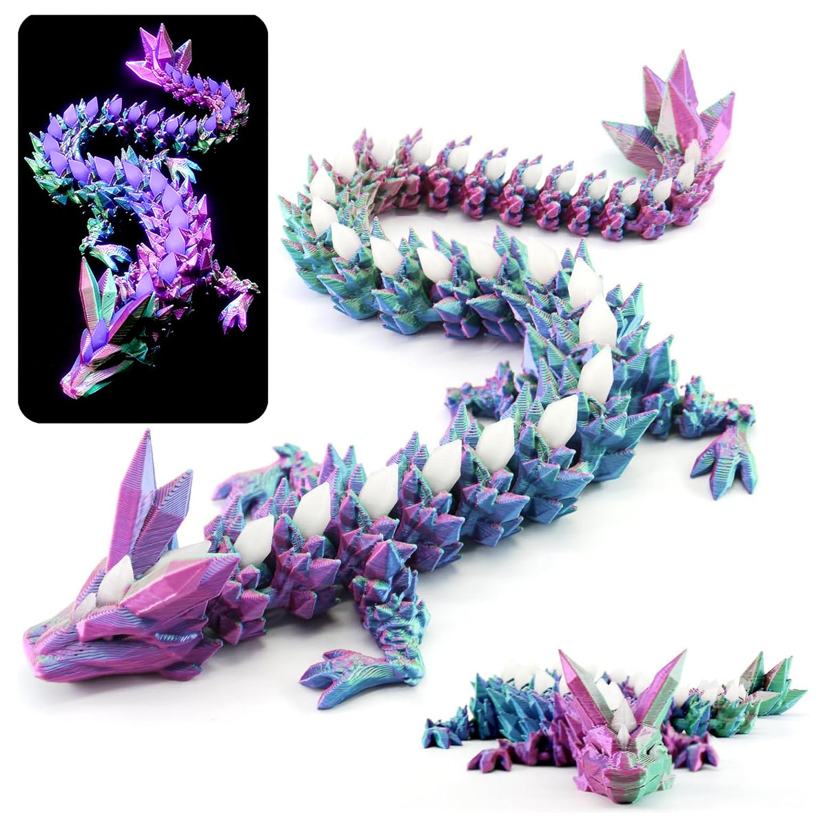 DEFORAGE 3D Printed Dragon Decoration, Glacier Crystal Dragon Glow in the Dark 3D Printed Animal Model, 3D Printed Dragon Statue Executive Desk for Home Office Decor Executive（Sky Blue&Rose red）