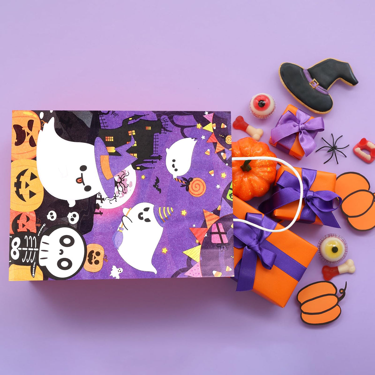 24Pcs Purple Halloween Paper Gift Bags and 24 Sheets Tissue Paper, Halloween Party Bags with Handle Candy Goodie Bags for Trick & Treat Party Supplies