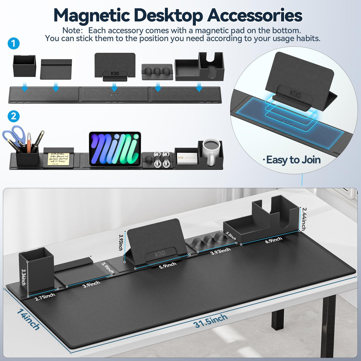 KDD Desk Pad Mat Set, 6 in 1 Mouse Mat with Magnetic Desktop Storage Accessories DIY Feature for Phone and Tablet Stand/Cup Holder/Pen Card Holder/Cable Management for Home Office Accessories