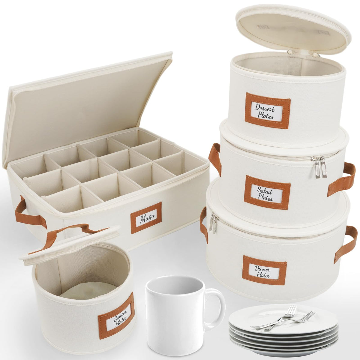 HOMELUX THEORY Hard Shell China Storage Containers, 5pc Ivory Mug & Plate Storage Box, Kitchen Storage Bins With Lids, Heavy Duty Moving Box with Handles for Dishes, Glassware, Stemware, Cup & Mug