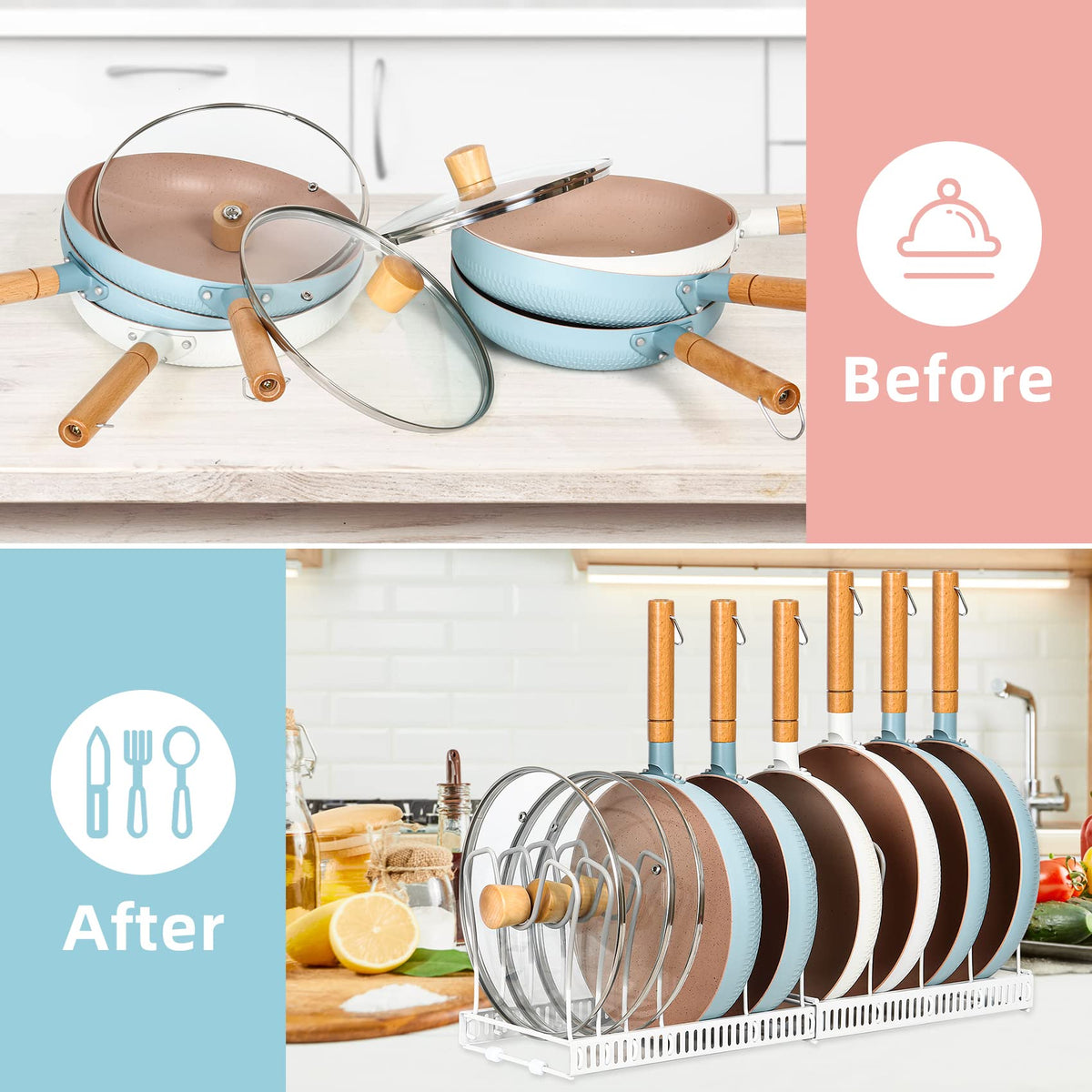 ROOHUA Pot Rack Organizer -Expandable Pot and Pan Organizer for Cabinet,Pot Lid Organizer Holder with 10 Adjustable Compartment for Kitchen Cabinet Cookware Baking Frying Rack