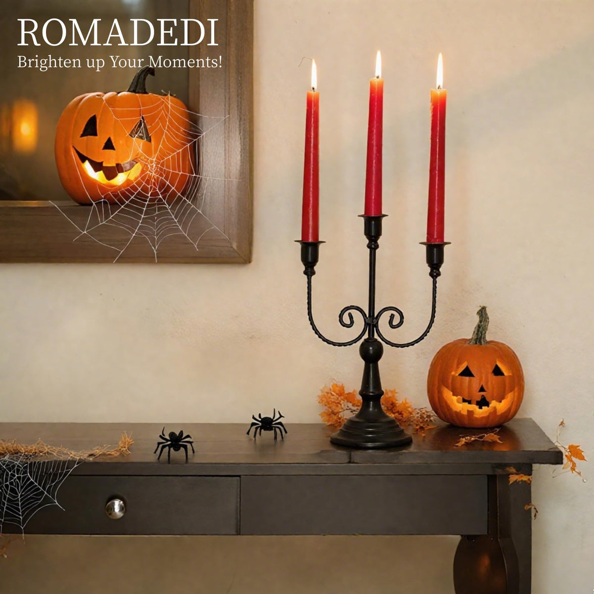 Romadedi Candelabra Black Candle Holders: 3 Arm Halloween Candlestick Holder 11.8" Gothic Home Decor for Party Table Centrepiece Mantel Christmas, Set of 2