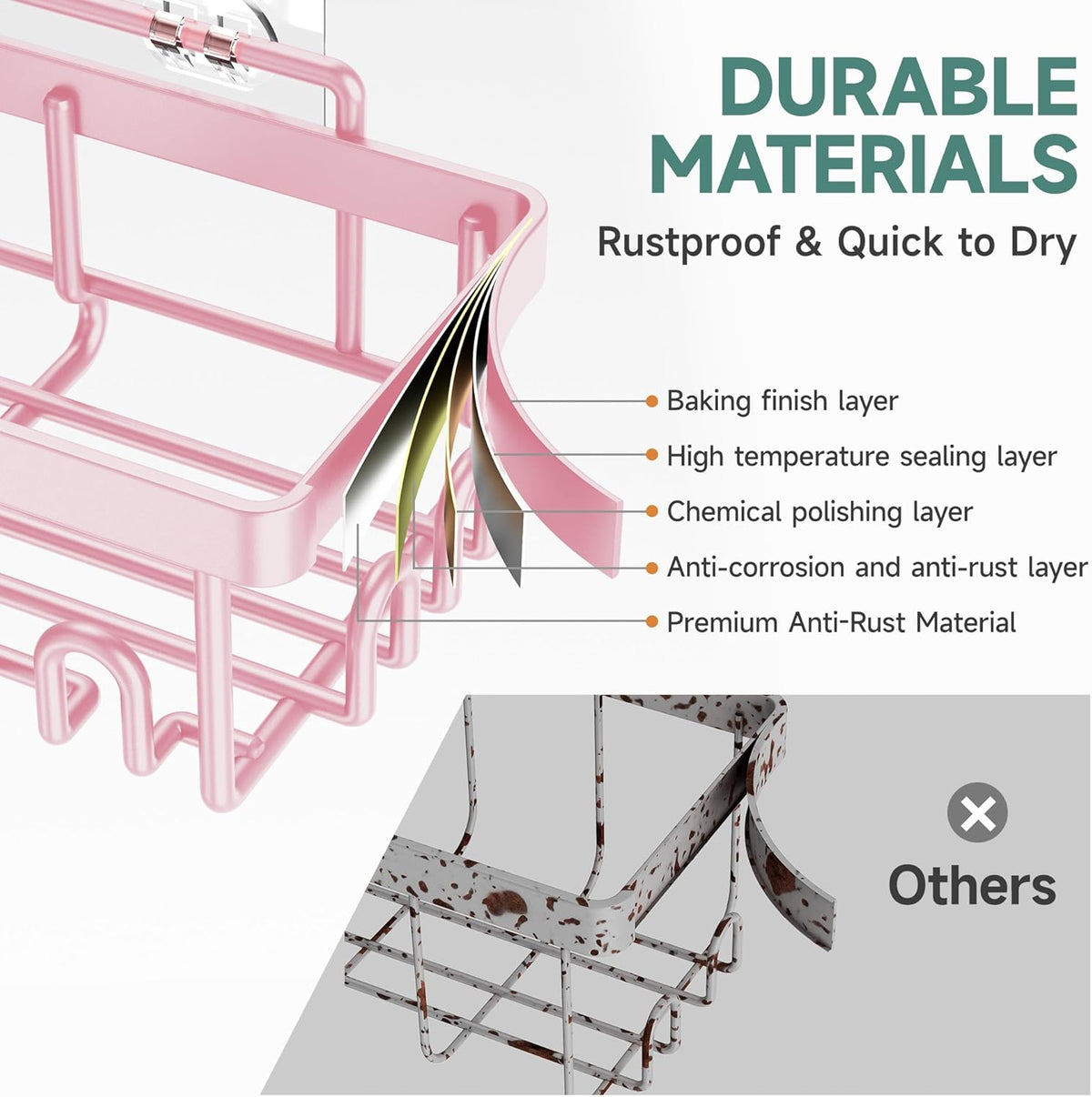 Veken Large Capacity Shower Caddy - Rustproof Adhesive Shelves with Soap Holder | 6-Pack Pink Bathroom Organizer