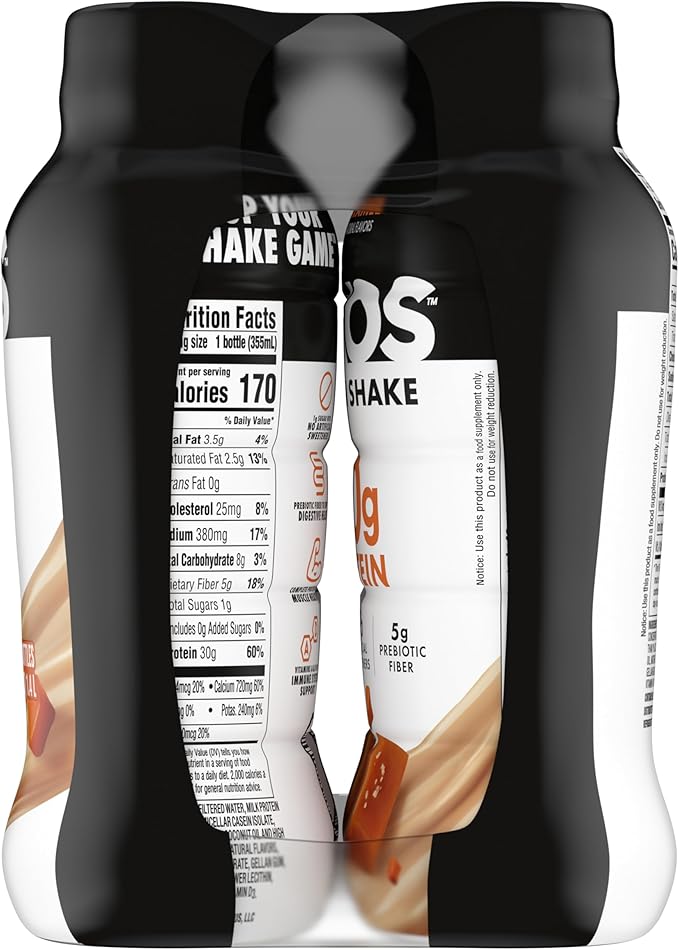 Oikos Protein Shake, Salted Caramel, 30g High Protein Drinks, Shelf Stable, Ready to Drink, 5g Prebiotic Fiber, 12 fl oz Bottle, 4 Count