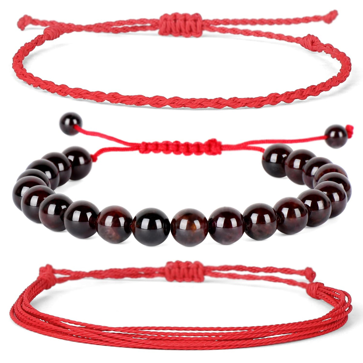 QOGIR Handmade Healing Bracelets,8mm Natural Red Garnet Gem Stone Beads Bracelet for Men Women Gifts with 2PCS Size Adjustable Rope Bracelets