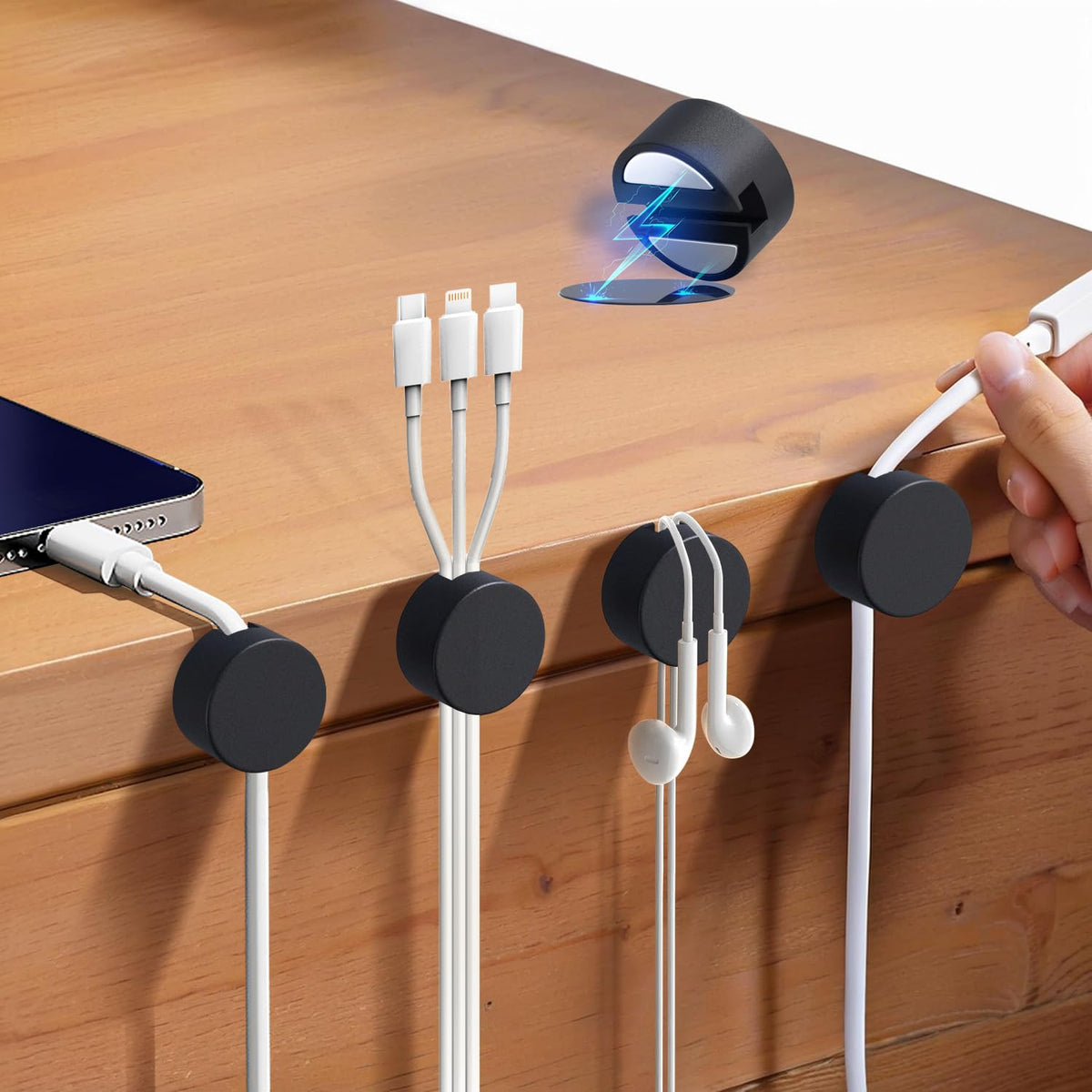Maveek Magnetic Cord Clips Black, Silicone Cord Organizer Magnet Cable Holder Charging Cable Management Cord Keeper with Adhesive Metal Disc (5 Piece, Large Size)
